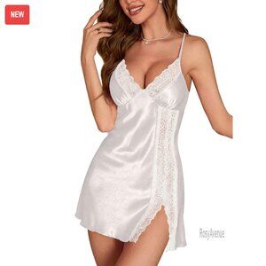 Silk Satin Chemise Nightgown with Lace Trim Side Slit Sleepwear